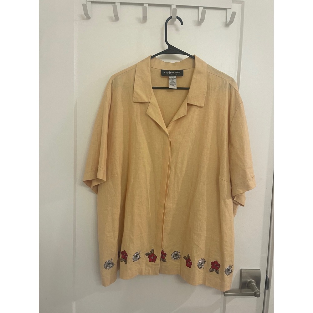 Vintage‎ Linen Blend 90s Flower Embroidered Cottagecore Button Down Blouse